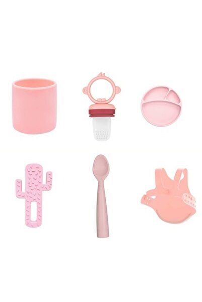 OiOi 6 Lı Set Bardak Püre Tabak Kaktüs Kaşık Önlük Pembe