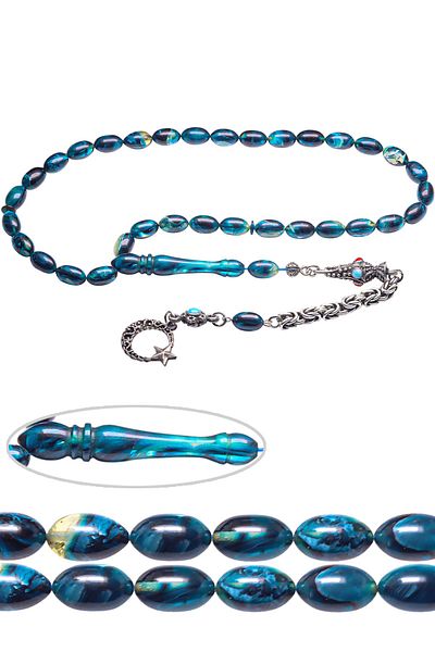 Tesbih Atölyesi Certified Blue Colored Crimped Amber Rosary with King Tassels