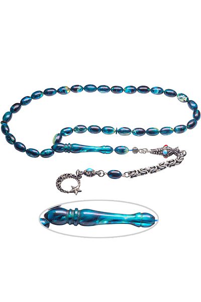 Tesbih Atölyesi Certified Blue Colored Crimped Amber Rosary with King Tassels
