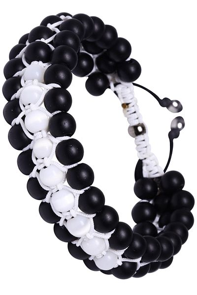 Tesbih Atölyesi Triple White Macrame Matte Onyx and Mother of Pearl Bracelet