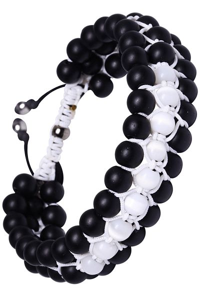Tesbih Atölyesi Triple White Macrame Matte Onyx and Mother of Pearl Bracelet