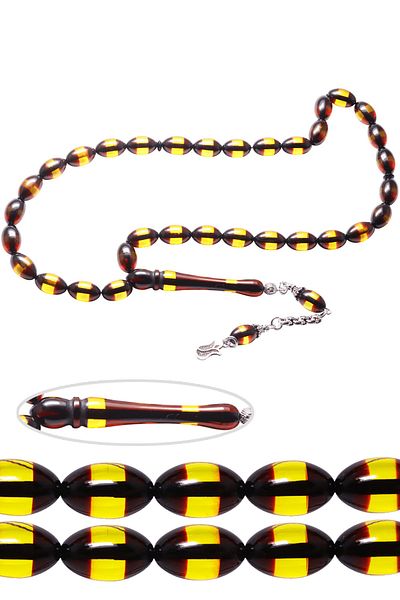 Tesbih Atölyesi Certified Solid Cut Yellow Black Vertical Powder Amber Prayer Beads