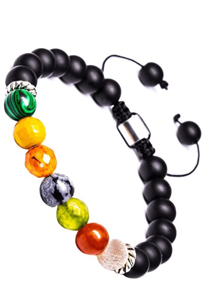 Tesbih Atölyesi Sertifikalı Makrome 7 Çakra Doğal Taş Bileklik - Malahit Akik...