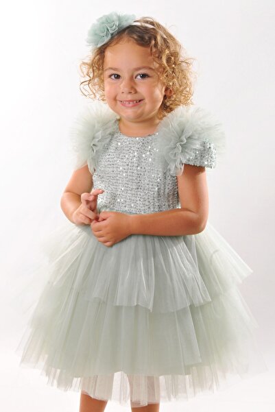 Milo Tokalı Omuz Fırfırlı Tül Parlak Bebek Parti Elbisesi, Abiye Elbise, Gelinlik