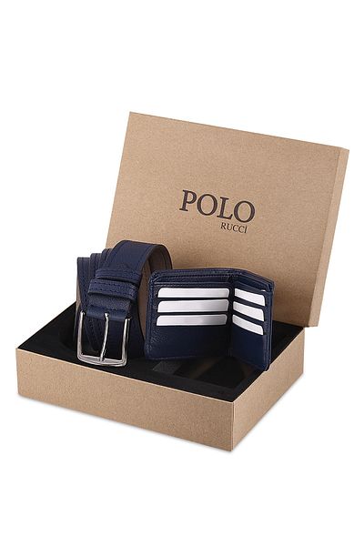 POLO Rucci Boxed Men's Navy Blue Bracelet Belt Wallet Gift Set