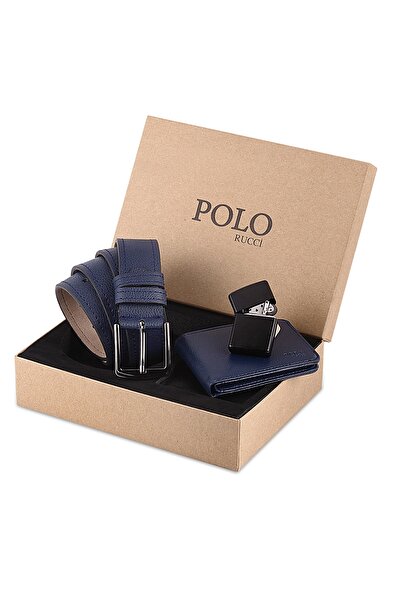 POLO Rucci Kutulu Erkek Çakmak Lacivert Kemer Cüzdan Hediye Seti