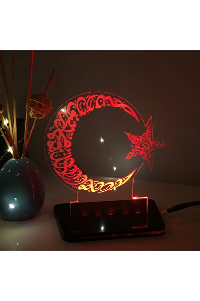 hediyedesen Hilal Yıldız Bayrak Temalı 3d Led Gece Lambası Kırmızı