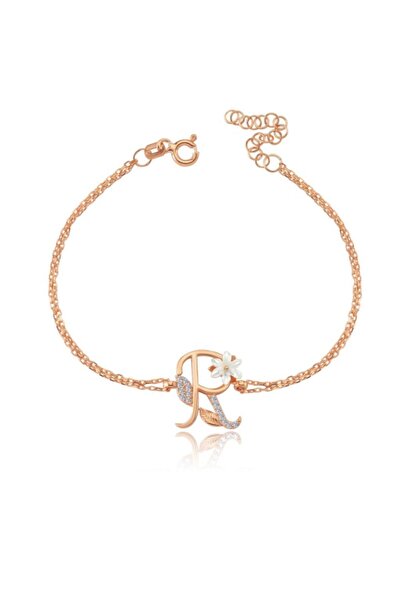Mia Vento Işıltılı Manolya Çiçeği R Harfi Rose Renk Gümüş Harfli Bileklik