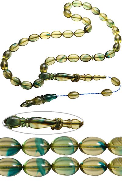 Tesbih Atölyesi Water Green Transparent Colored Beige Cut Fire Amber Prayer Beads - Systemed