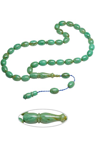 Tesbih Atölyesi Turquoise Colored Master Work Egg Cut Squeezing Amber Prayer Beads - Certified System