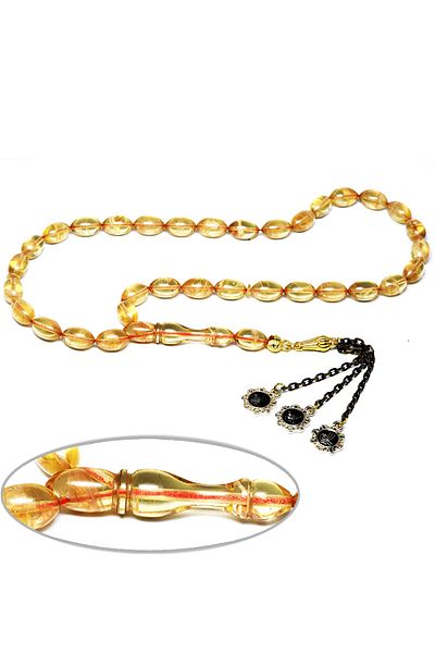 Tesbih Atölyesi Certified Yellow Transparent Colored Solid Cut and Pressed Amber Prayer Beads