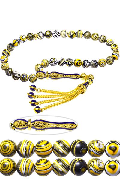 Tesbih Atölyesi Sertifikalı Sarı Mavi Renk Telkari Püsküllü Fransız Galalit Tesbih