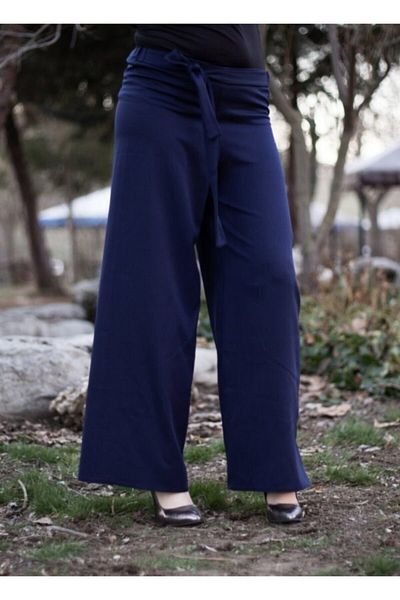 Modakenti Elastic Waist Belted Wide Leg Trousers - Navy Blue
