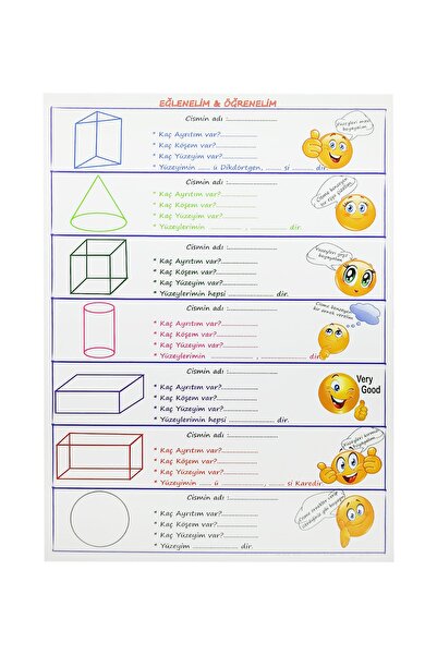 hiçdurmaal Çift Taraflı Geometrik Cisimler Ve Şekilleri Öğreten A4 Boyutunda Etkinlik Kartı 1 Paket 10lu