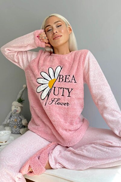 Pijamaevi Rózsaszín százszorszép mintás női plüss pizsama szett