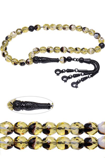 Tesbih Atölyesi Certified Black Yellow Colored Natural Quartz Stone Prayer Beads