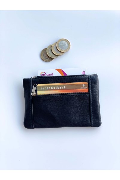 O'she Genuine Leather Unisex Black Coin Holder with Keychain 13*9 cm