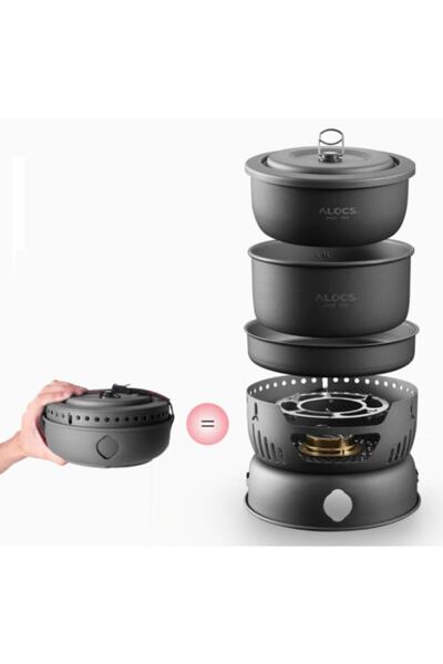 Alocs Camping Cooking Set 10 Pieces with Alcohol Stove