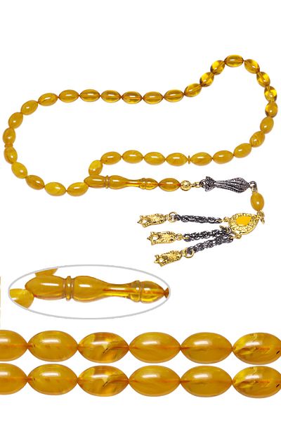 Tesbih Atölyesi Certified Yellow Colored Veined Pressed Amber Prayer Beads