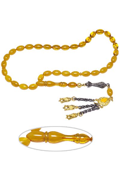 Tesbih Atölyesi Certified Yellow Colored Veined Pressed Amber Prayer Beads