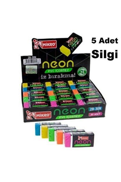 Mikro Medium Size Neon Colored Eraser - 5 Pieces 2B-30N