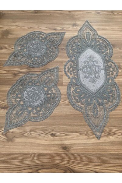 WENESSİ Set de sufragerie/dormitor din 3 piese brodat cu cordon de catifea (gri)