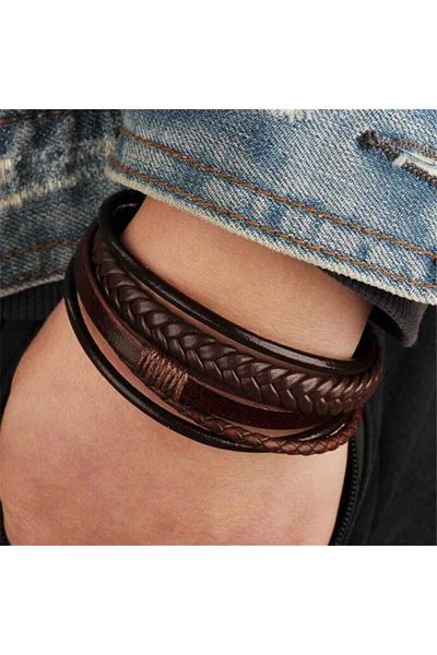 Gogoey Men's Leather Bracelet Brown Magnetic Buckle Braided Bracelet Trend Fashion