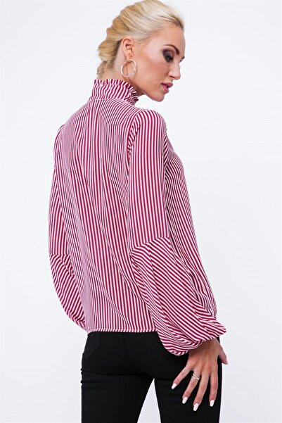 fasardi Kolları Volanlı Çizgili Kadın Gömlek