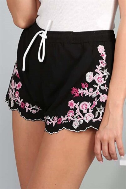 fasardi Nakış Detaylı Lastikli Mini Kadın Şort