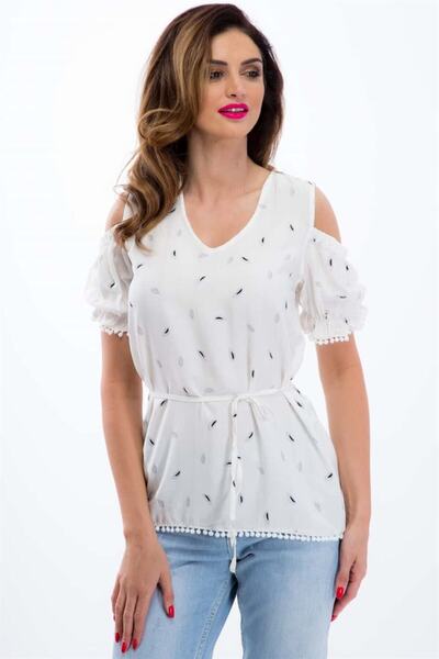 fasardi Omuz Dekolteli Kemerli Baskılı Bluz