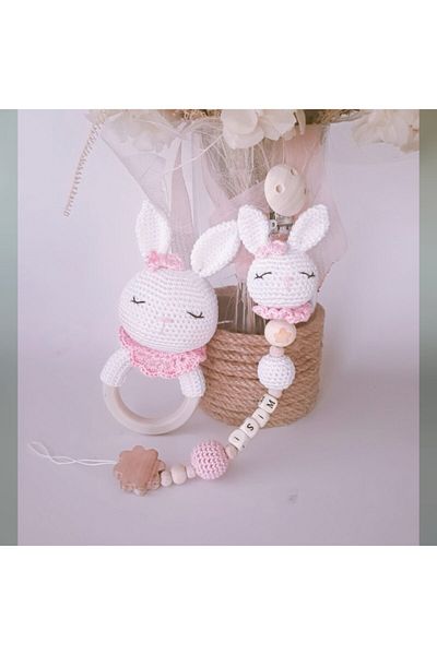 CARMELİNA Rabbit Rattle and Pacifier Strap 100% Hand Knitted