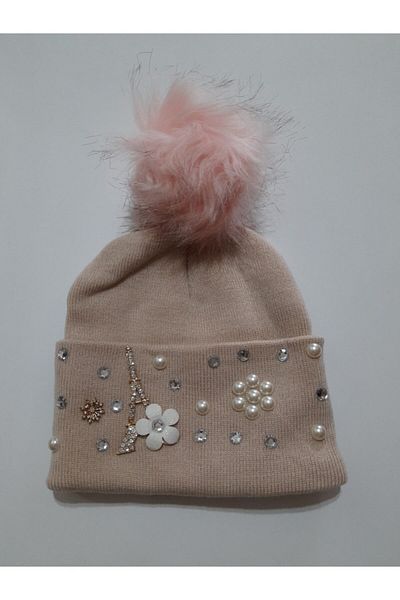 dükkan10butika Beret Women's Eiffel 65 Motif Flower Stone Decorated Pompom Powder