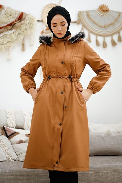 InStyle Παλτό 0021 Piping Detail Waist Gathered - Καφέ
