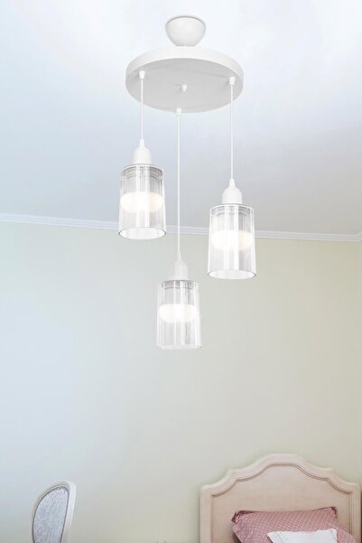 Modelight Aksel 3'lü Avize Şeffaf Optik Camlı Beyaz