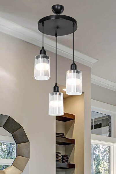 Modelight Aksel 3'lü Avize Şeffaf Optik Camlı Siyah