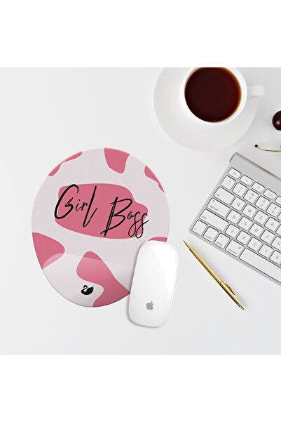 Özer Store Pembe Leopar Girl Boss Bilek Destekli Oval Mouse Pad Mouse Altlığı