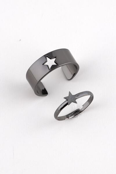 Sortie Aksesuar Çelik Yıldız Figürlü Boyu Ayarlanabilir 2'li Çift Yüzük 008