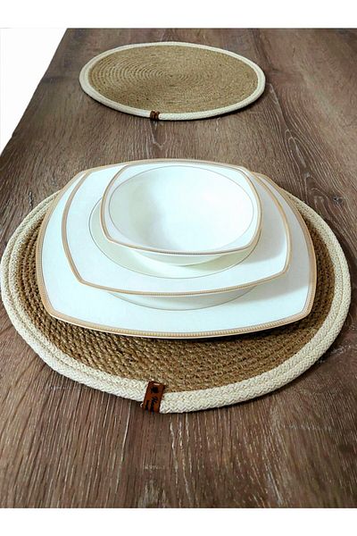 HandmadeSNM مجموعة أدوات مائدة ويكر، أدوات مائدة ذات حواف ملونة، مفرش أطباق، مجموعة مقاومة للحريق مكونة من 6 قطع