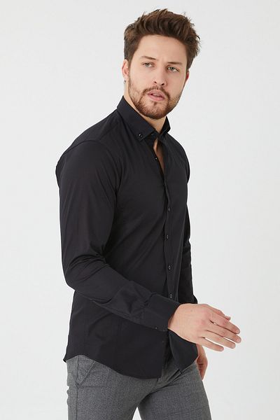 Pietra Paul Lycra Black Slim Fit Plain Poplin Men's Shirt