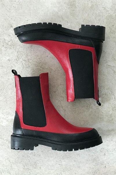 TUNAELLİ Women's Red Black Genuine Leather Side Elastic Chelsea Boots