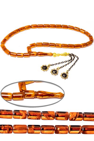 Tesbih Atölyesi Certified Orange Colored Moire Squeezed Amber Prayer Beads