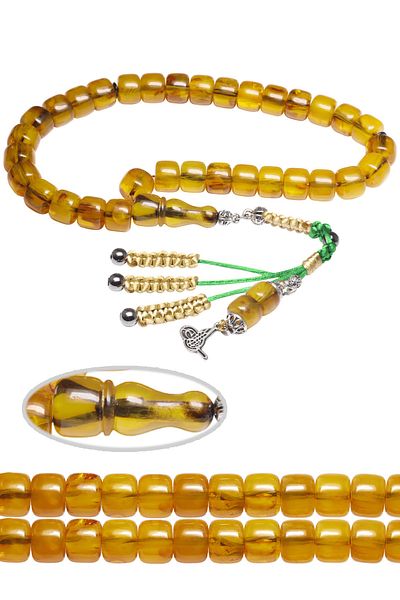 Tesbih Atölyesi Yellow Green Barrel Cut Certified Amber Rosary