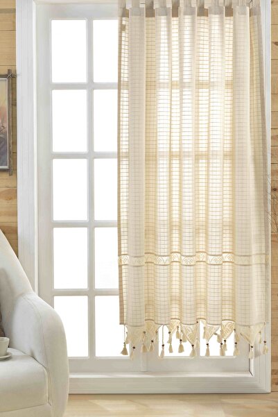 ÖDEL HOME Naturel Dantelli Ponpon Süslemeli Tül Perde