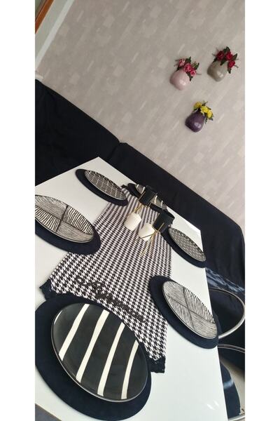 Ayşemce Μαύρο και λευκό μοτίβο ποδιών χήνας (με λεπτομέρεια γκιπούρ) Runner 6...