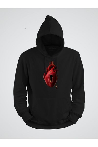 karikatürstore Astronaut Going to the Locked Heart Printed Hooded Sweat