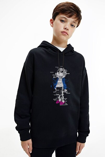 QIVI Hanorac negru cu glugă cu imprimeu laser Undertale pentru băiat