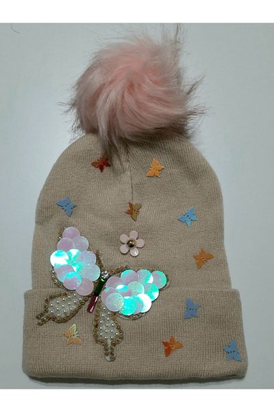 dükkan10butika Beanie Women's Butterfly Motif and Decorated Pompom Powder