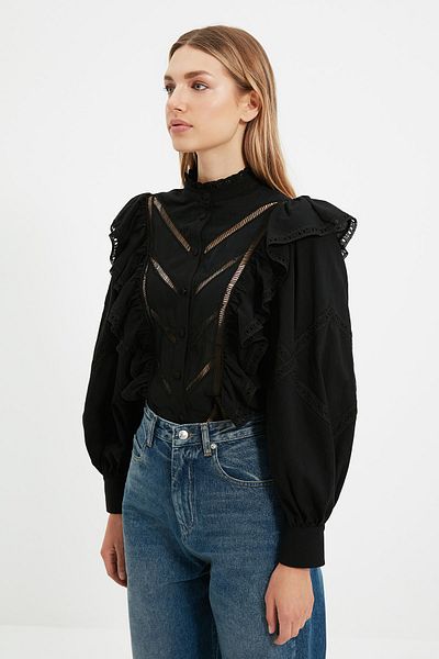Trendyol Collection TPRAW22GO1089 Μοντέλο Μαύρο Υφαντό Πουκάμισο - Με Αξεσουάρ