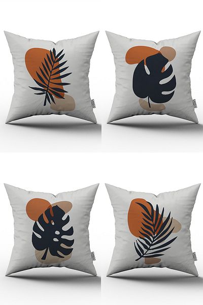 Cango Home Navy Blue Orange Bohemian Style Leaf Patterned Digital Printed Throw Pillow Pillow Case Set 4kmbs109