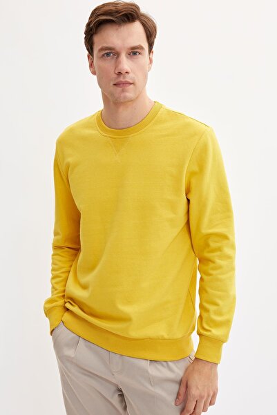 DeFacto Erkek Sarı Regular Fit Bisiklet Yaka Pamuklu Uzun Kollu İçi Yumuşak T...